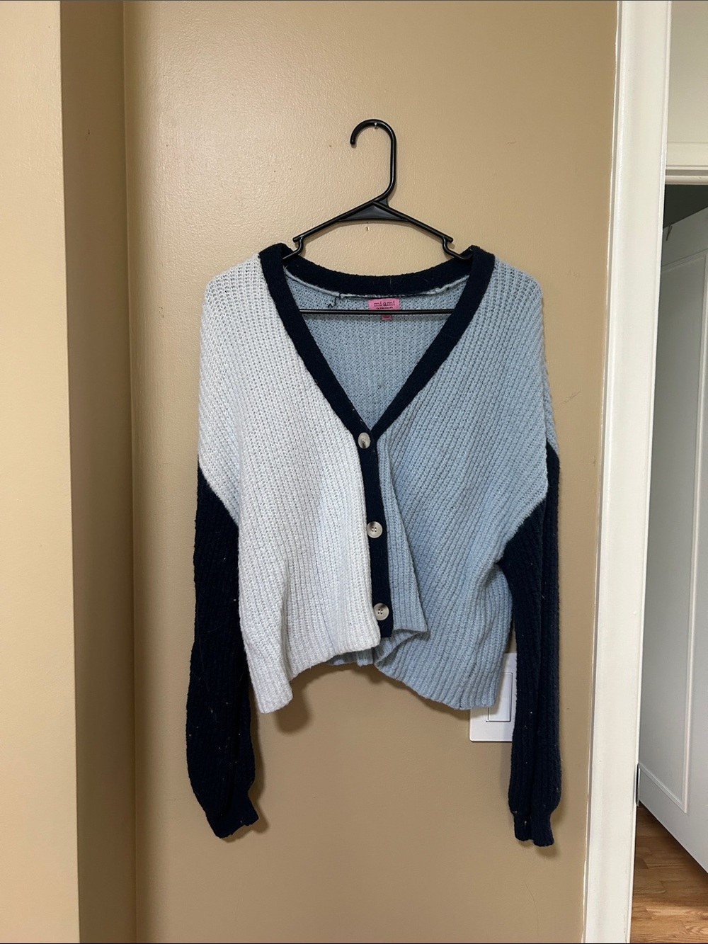 Francesca's Collections Two-Tone V-Neck Button Cardigan - Light Blue & Navy